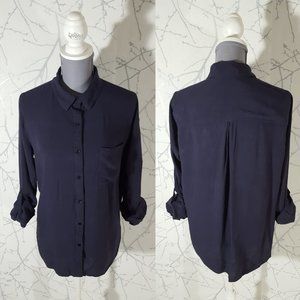 Workhall Navy Button Front Long Sleeve Blouse